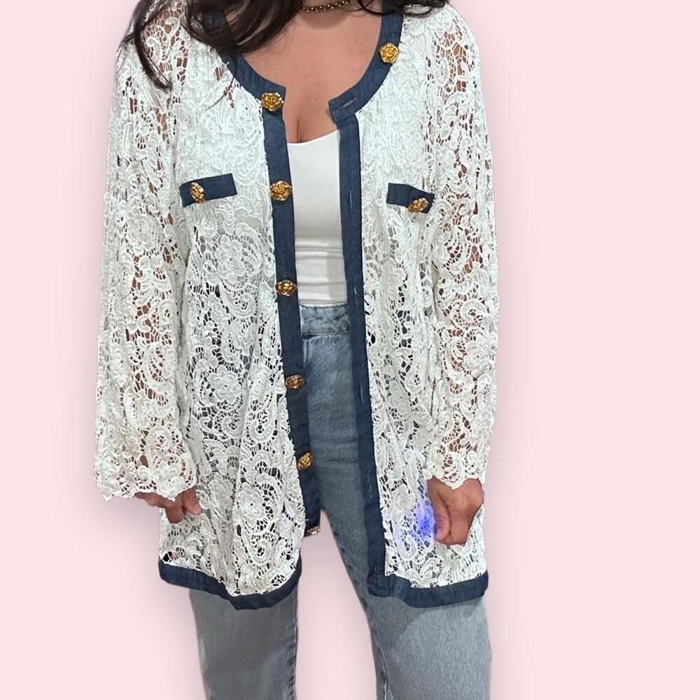 Cotton Lace Oversized  Cardigan with Denim Trim and Gold Rose Buttons